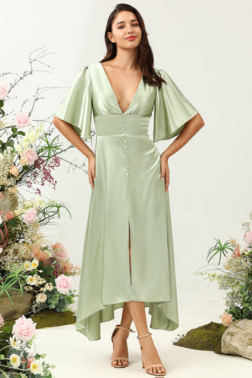 Sage A Line Deep V Neck Bridesmaid Dress with Half Sleeves